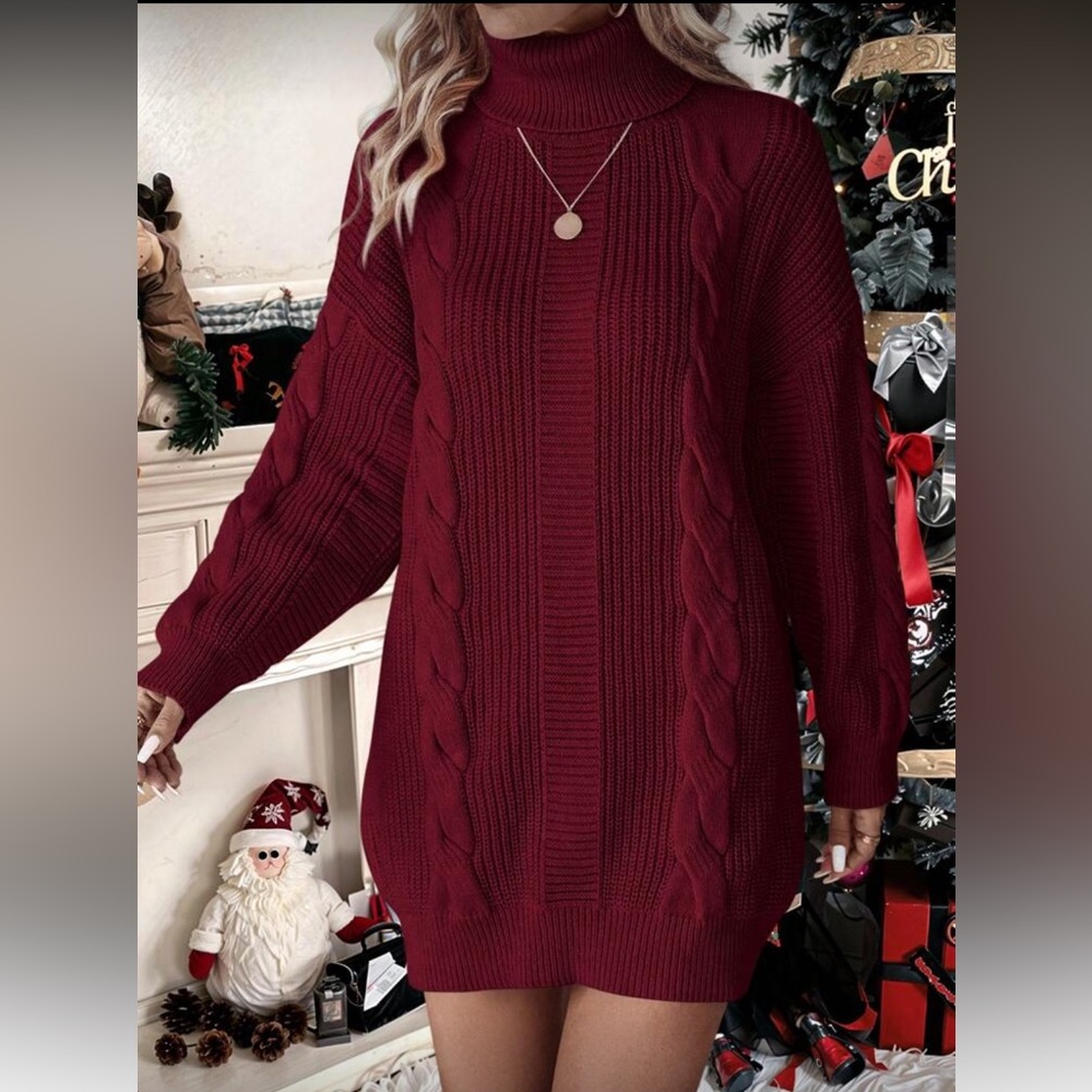 Burgundy Cable Knit Turtleneck Sweater Dress Cozy L XL